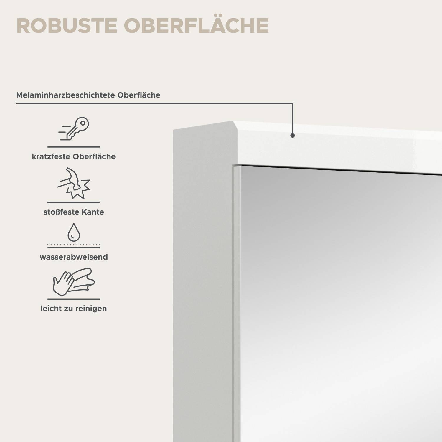 Robuste Oberfläche des Badschranks mit Spiegeltür kratzfest stoßfest wasserabweisend – Nanila