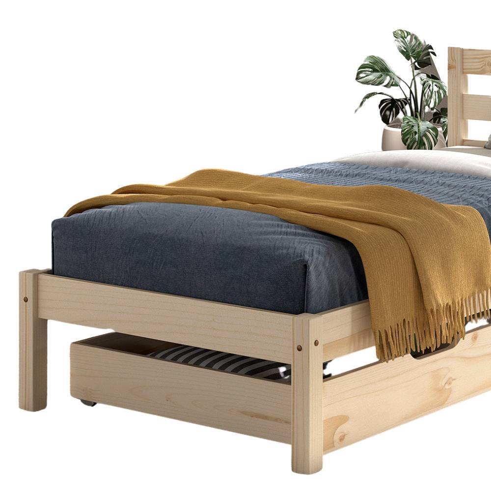 Kiefernbett Einzelbett Naturholz mit einem ausziehbaren Bettkasten auf Rollen – Jilina