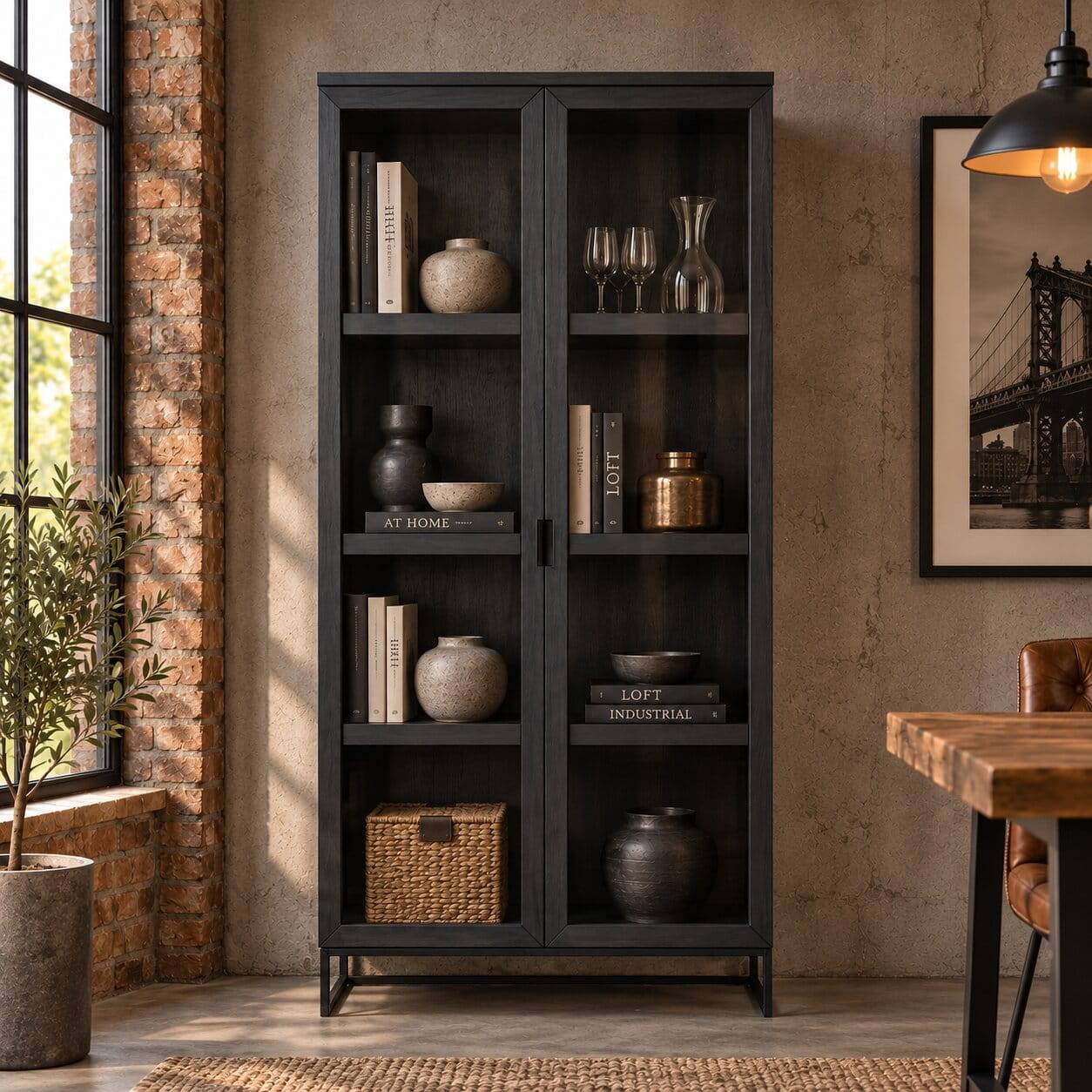 195cm hohe Industry Vitrine in Schwarz - Meciva