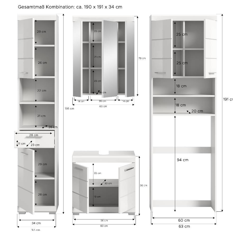 Badmöbel und Waschmaschinenüberbau Set - Henriette (vierteilig)