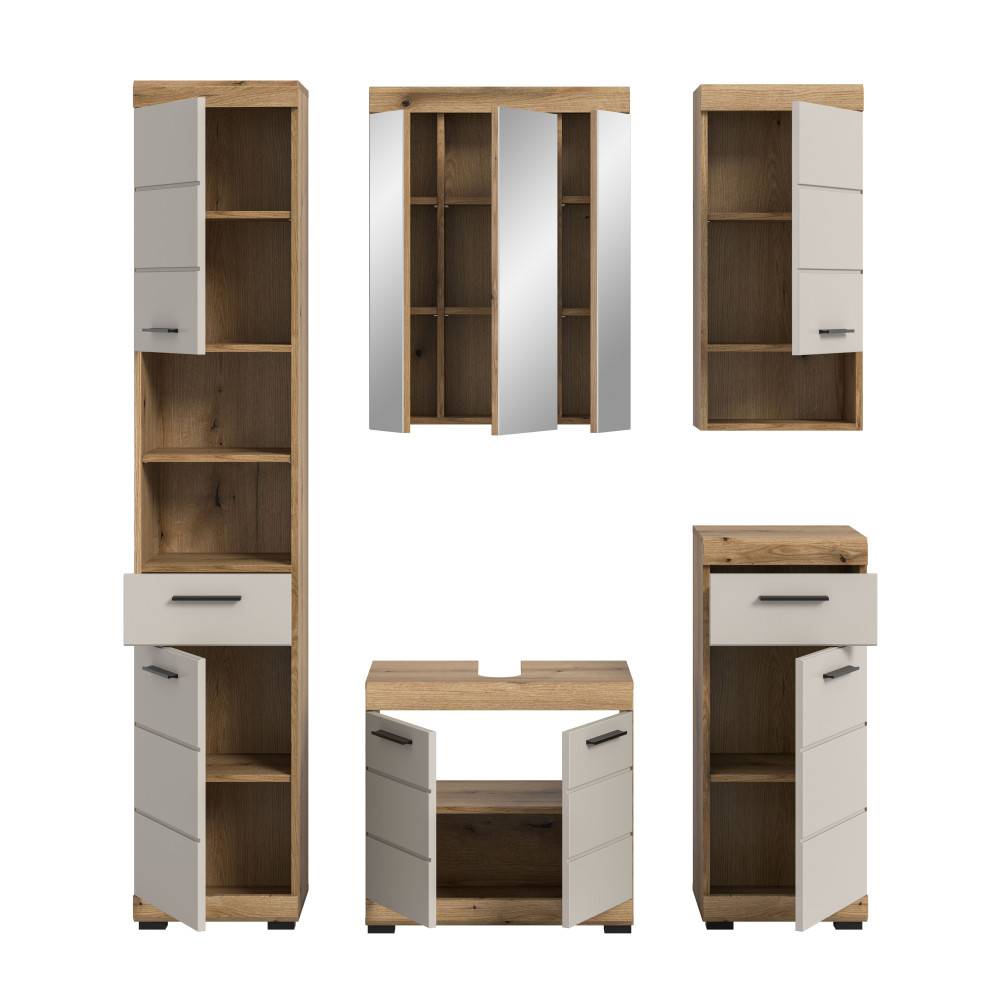 Badmöbel Set, fünfteilig, mit geöffneten Türen und Schubladen, in Holzoptik und Beige – Casserra