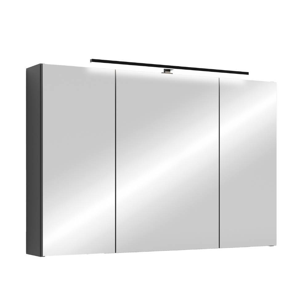 Eleganter Badezimmerspiegelschrank in Anthrazit mit LED Leuchte schräg von vorne – Asta