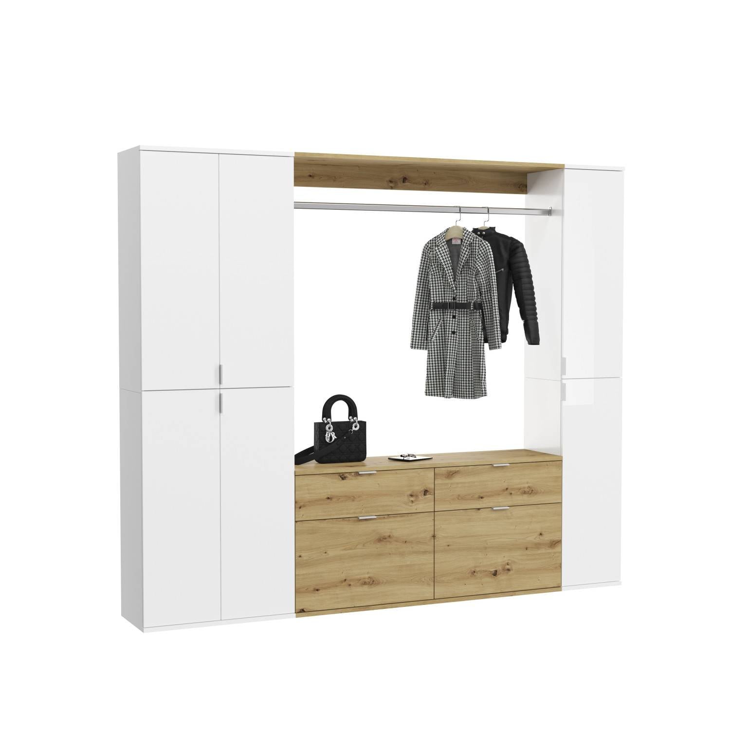 Komplette dreiteilige Dielengarderobe in Weiß und Holzoptik mit Schuhschrank und Hochschränken – Ejulia