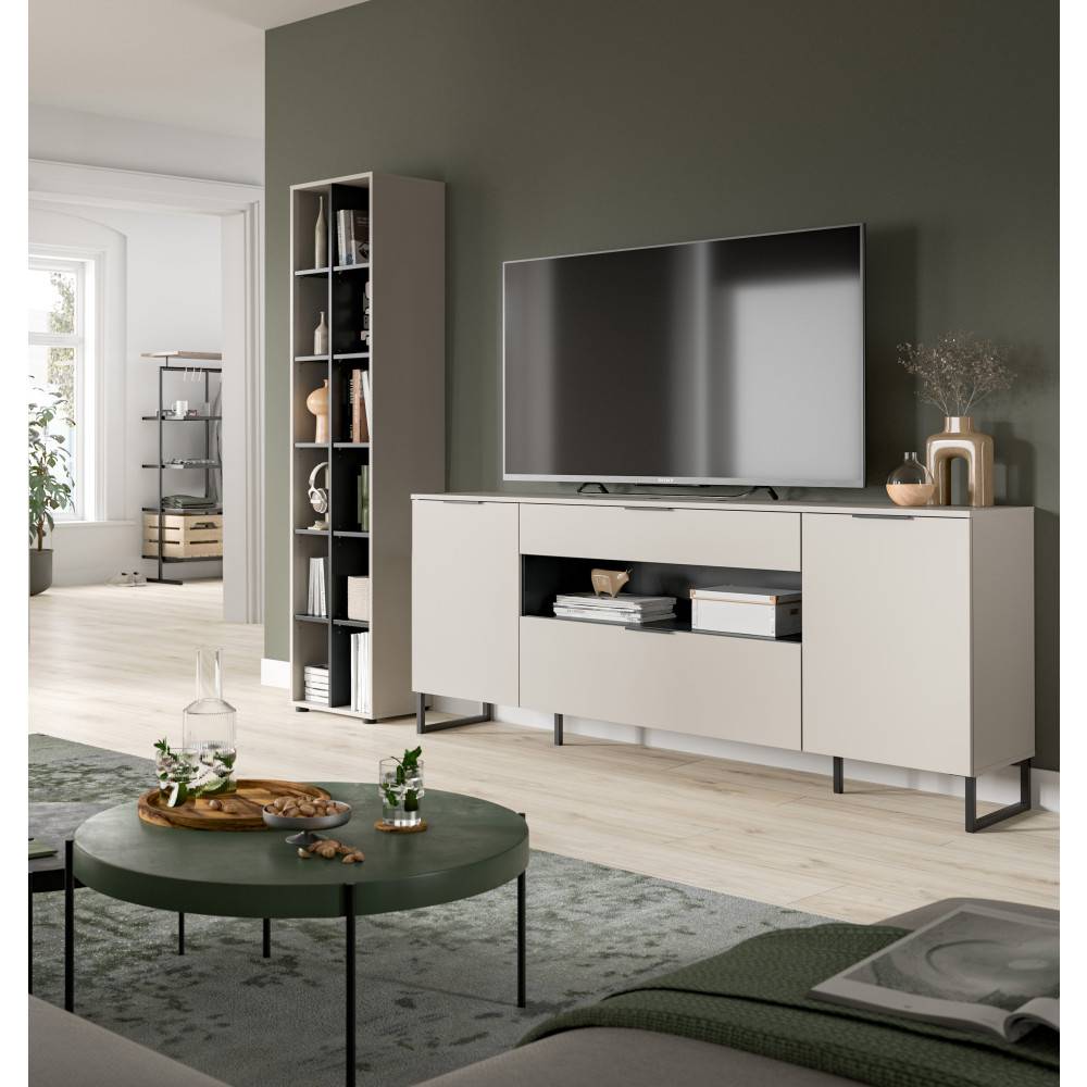 Zweiteilige Schrankwand mit TV-Lowboard und hohem Regal in hellem Beige und Anthrazit – Ostinia