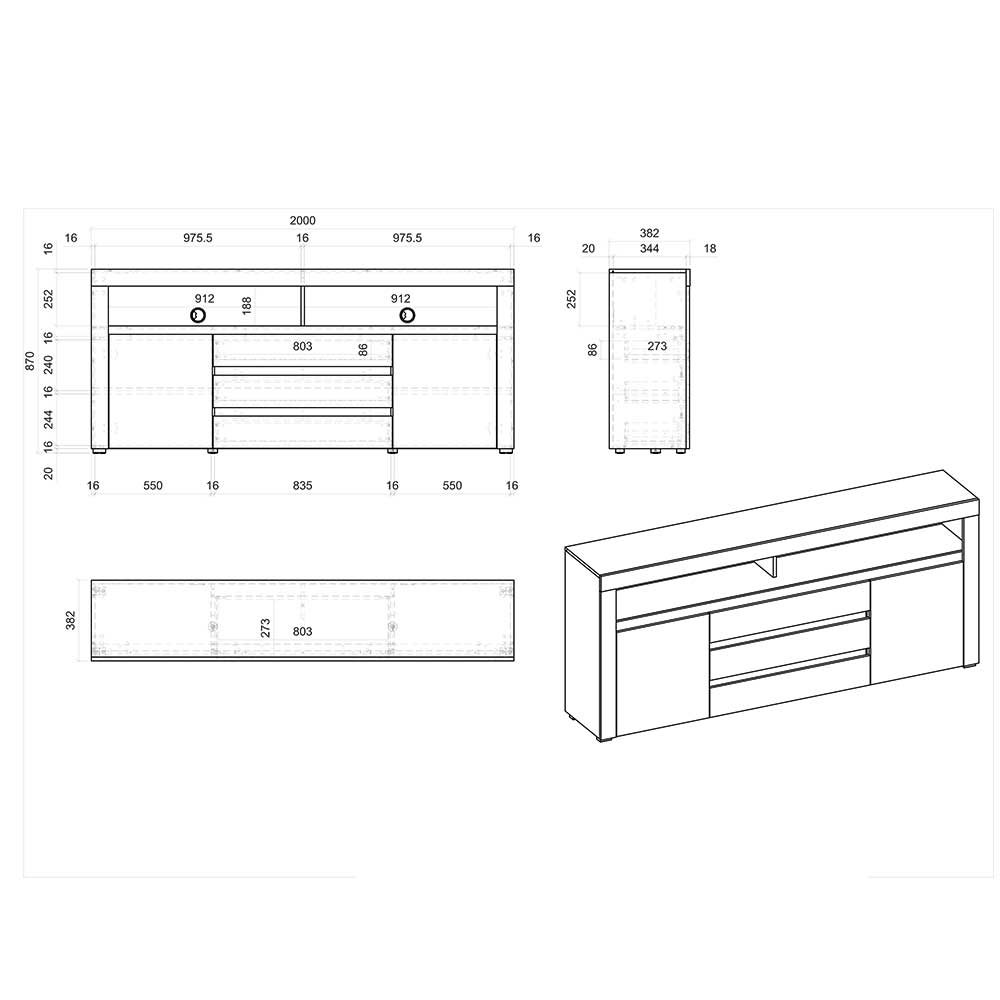 200x85x38 Design Sideboard in Marmoroptik Grau - Carsuva