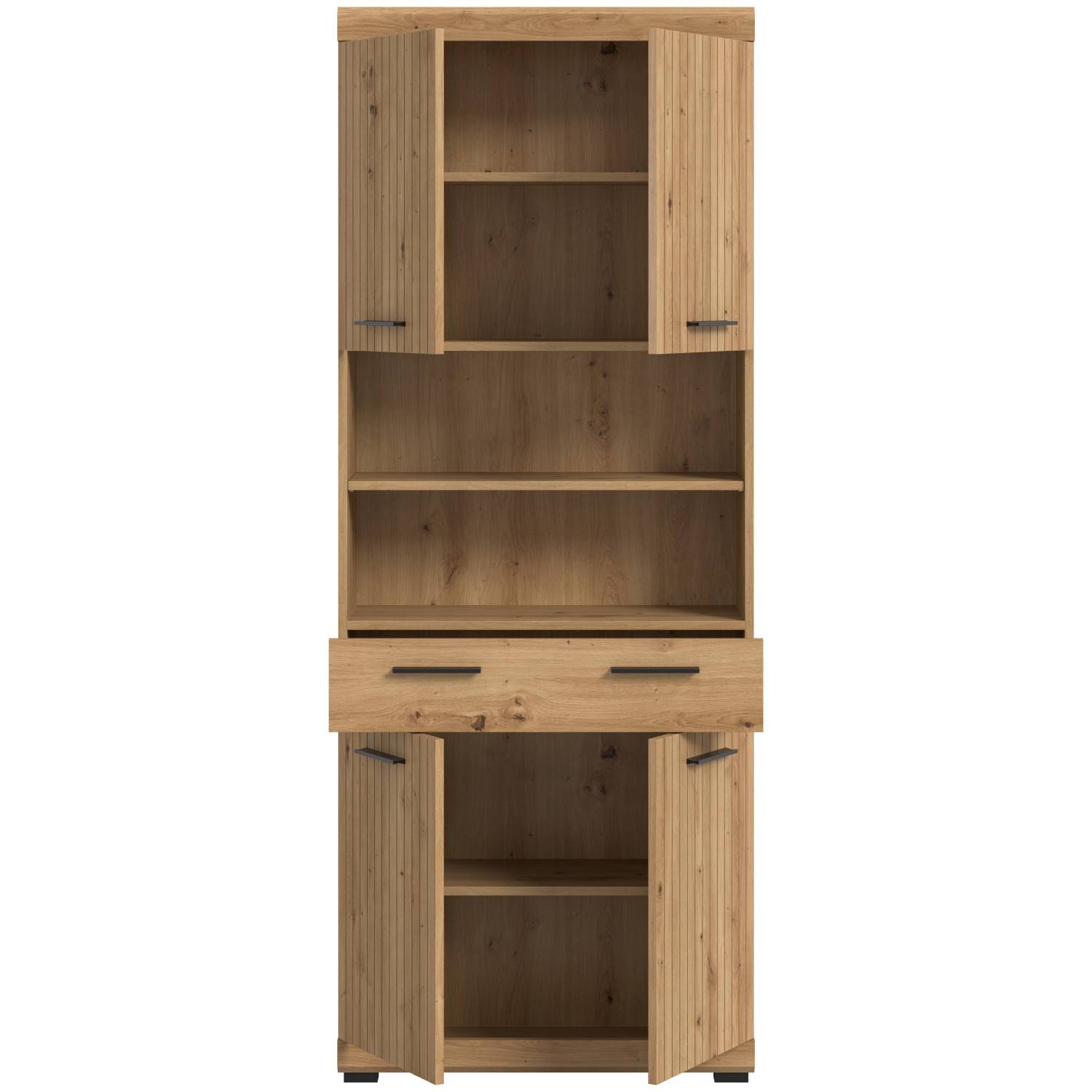 Holzfarbene hohe Kommode mit offenen Schranktüren und Schublade, viel Stauraum – Lasewood