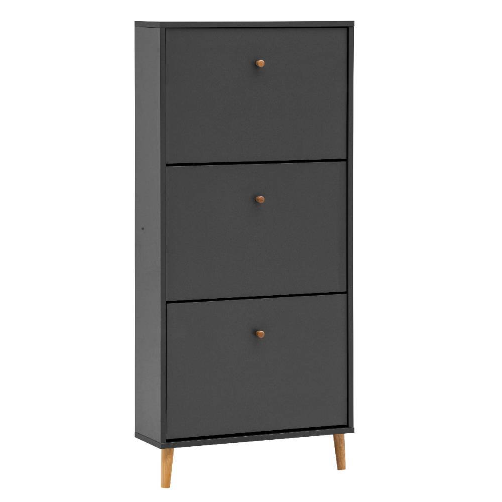 Hoher Schuhschrank in Anthrazit mit drei geschlossenen Klappen und Holzfüßen – Charinas