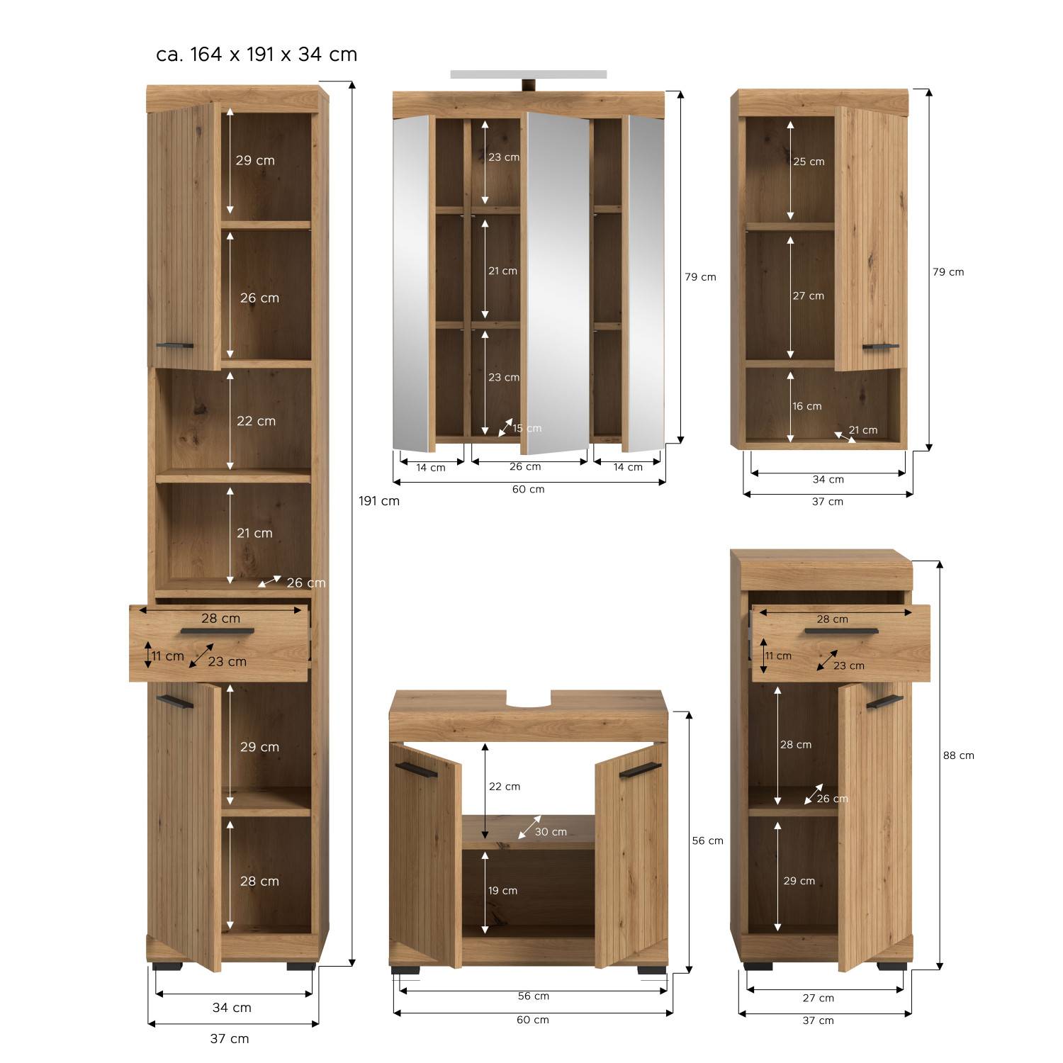 Maße und Abmessungen des fünfteiligen Badschrank-Sets in Holzoptik – Lasewood