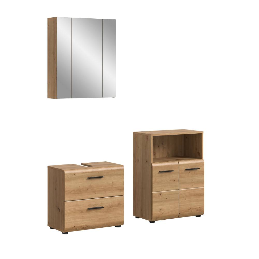 Dreiteilige Badezimmermöbel in Holzdesign mit Spiegelschrank, Waschtischunterschrank und Hochschrank – Canopus
