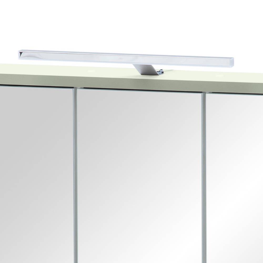 Oberer Bereich des graugrünen Spiegelschranks mit eleganter LED-Beleuchtung und Spiegeltüren – Holin