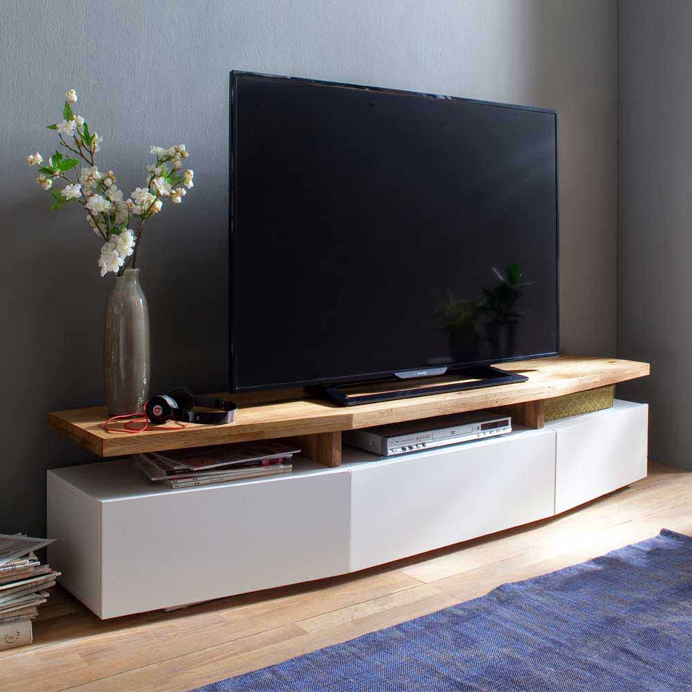 TV Board mit Oberplatte aus Asteiche massiv Cinco & 3 Schubladen in Weiß