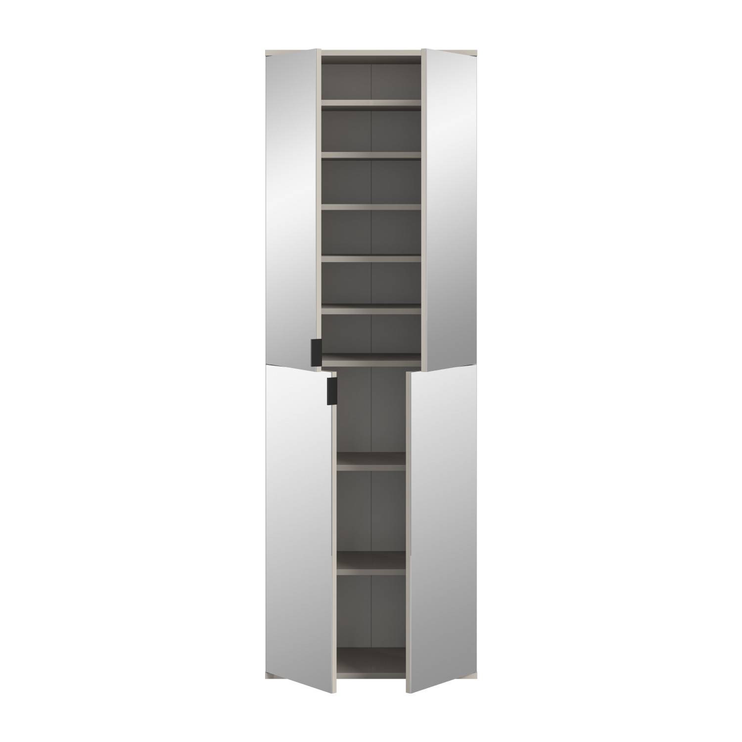 Badhochschrank mit geöffneten Spiegeltüren, sichtbaren Einlegeböden und viel Stauraum – Meho