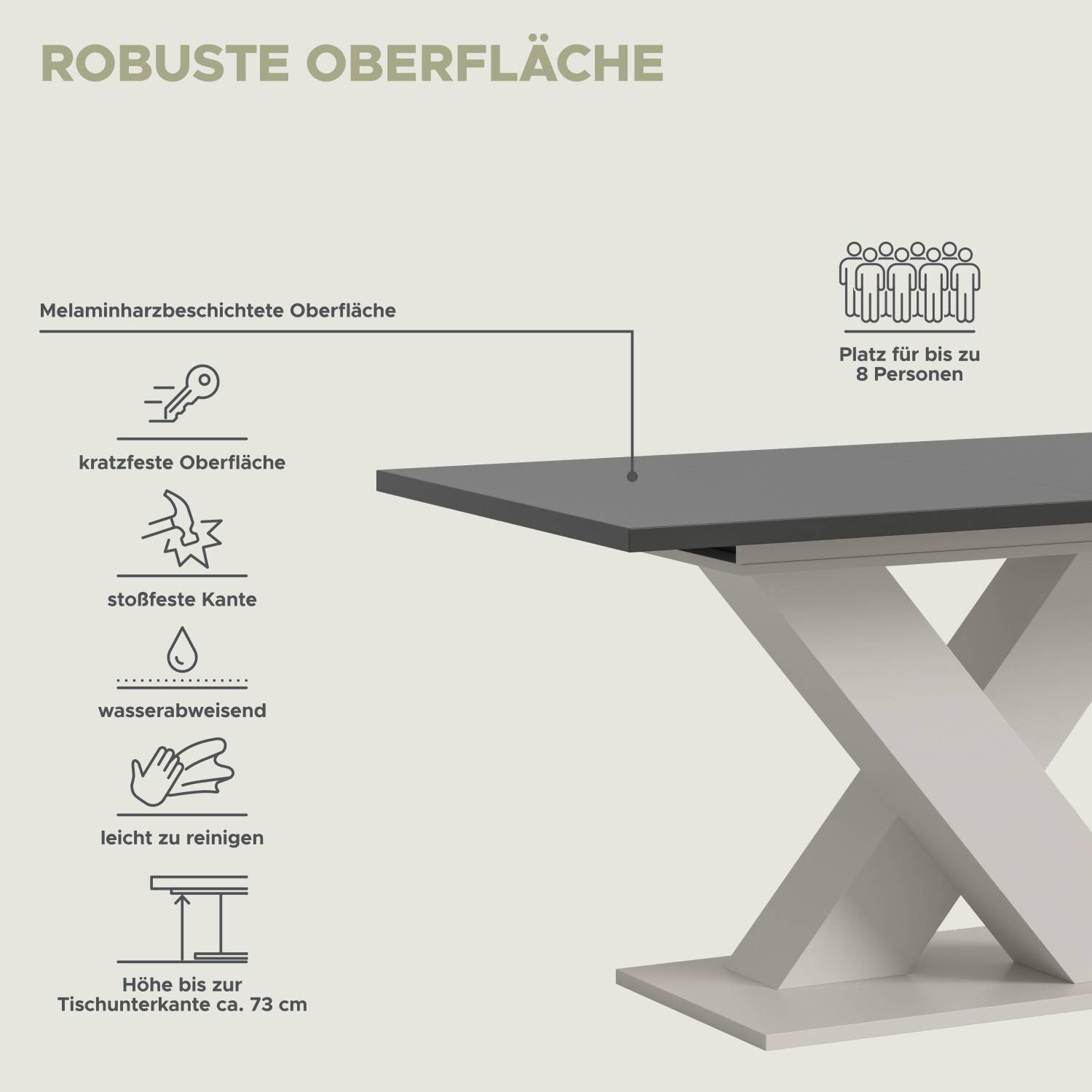 Robuste, kratzfeste und wasserabweisende Melaminharzoberfläche des Esszimmertisches für 8 Personen – Viddalba