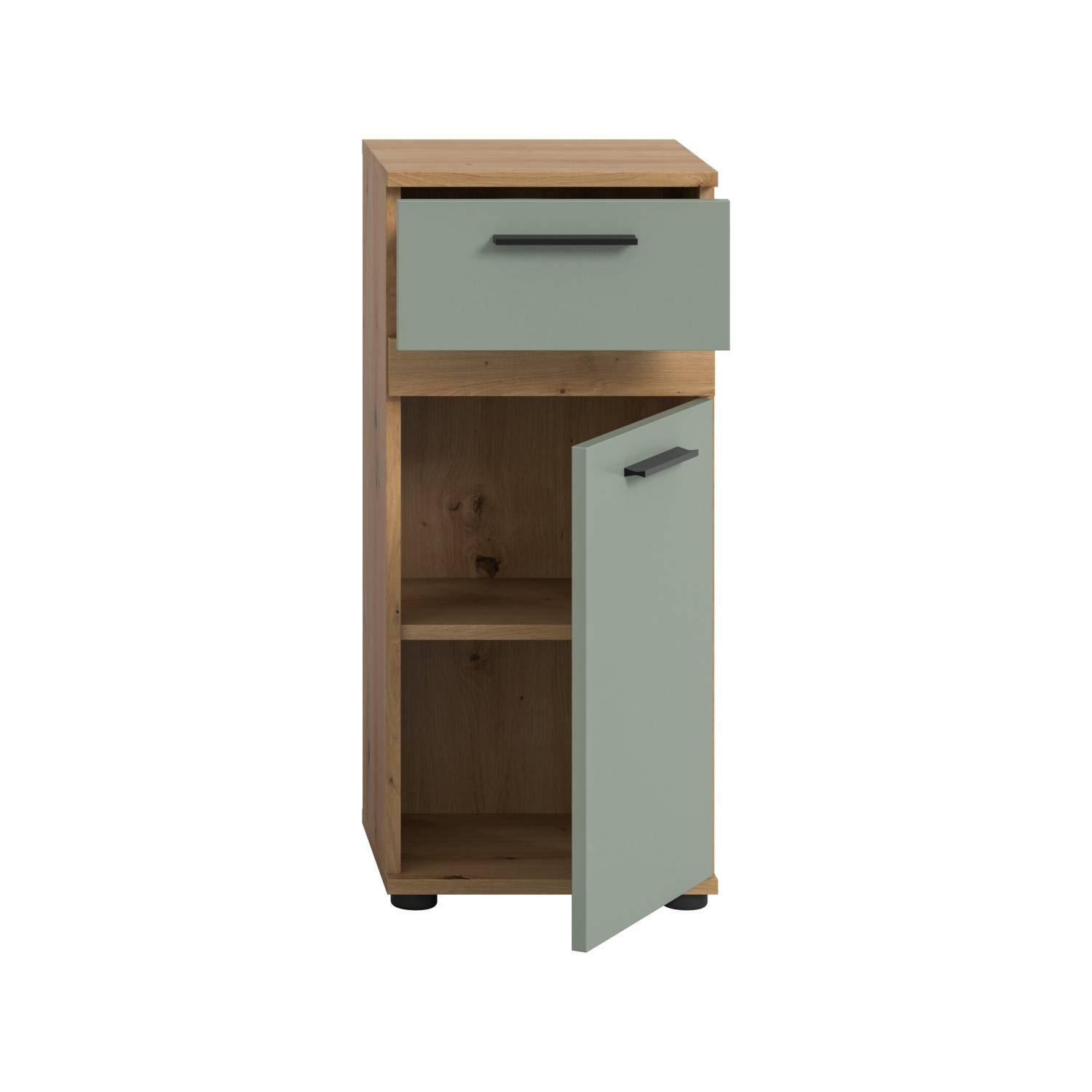 Badschrank in Holzoptik und Mintgrün mit geöffneter Schublade und Tür, Innenansicht – Luzanos