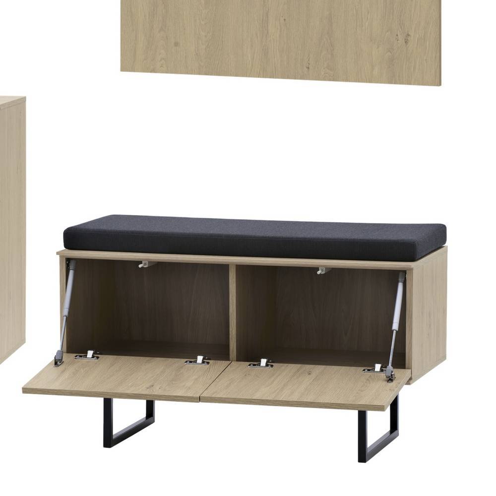 Schuhschrank in Eiche Stone Optik mit geöffneten Klappen und Fächern für Schuhe – Jaskin