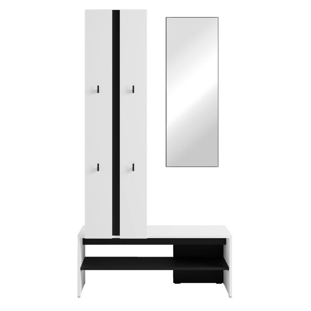 Moderne Flurgarderobe in Weiß und Schwarz mit Spiegel, Schuhbank und Garderobenpaneel für den Eingangsbereich – Annet