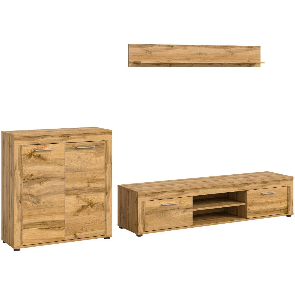 Naturfarbene dreiteilige Wohnkombination mit Schrank, TV-Board und Wandboard in Wildeiche – Ianovar