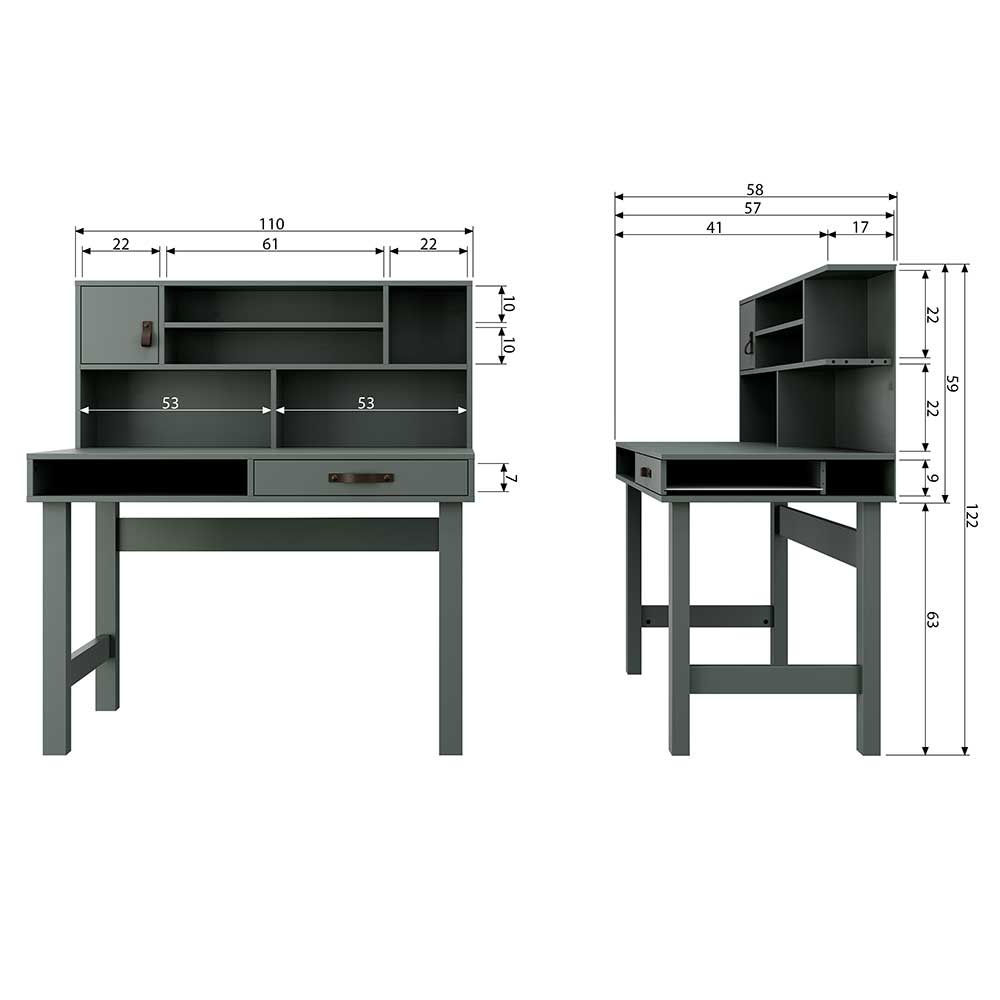 122x58 Schreibtisch mit Aufsatz in Graugrün - Daraon
