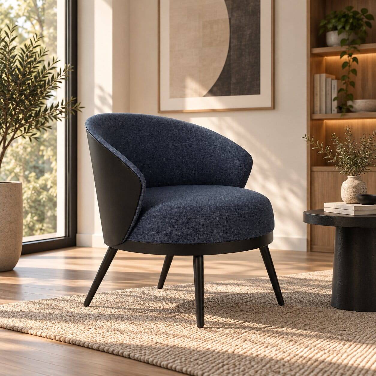Design Sessel in Blau Schwarz aus Webstoff & Stahl