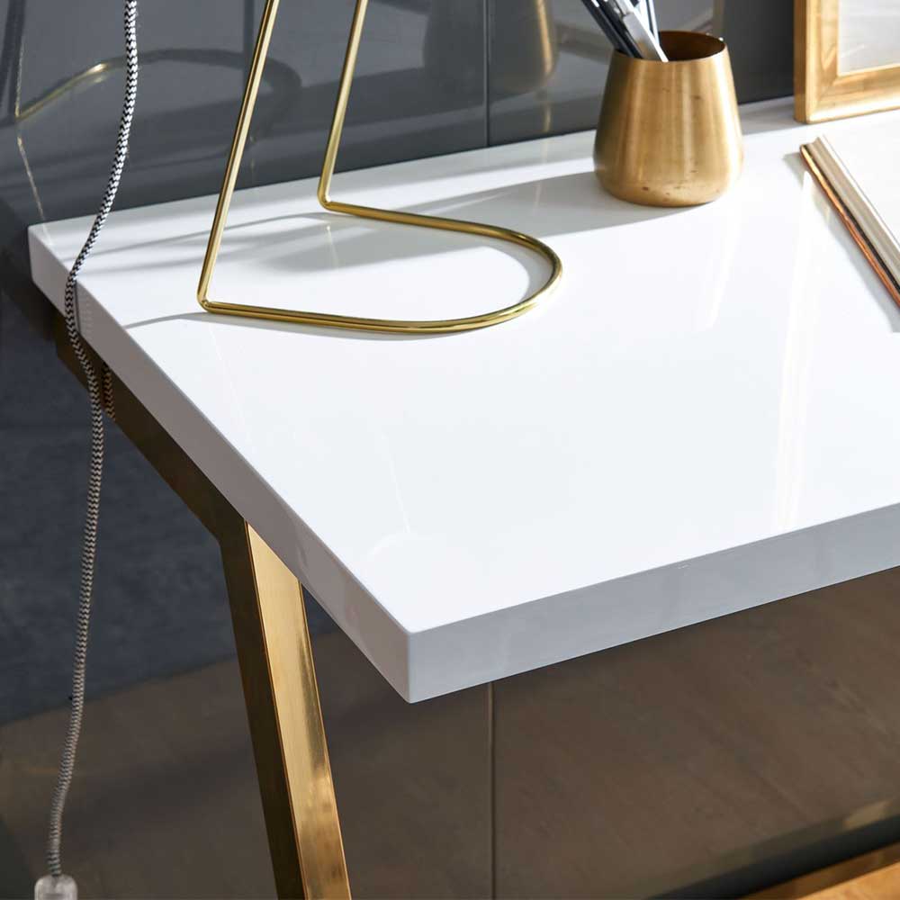 Weißer Hochglanz Schreibtisch mit Gestell Gold - Zerifa