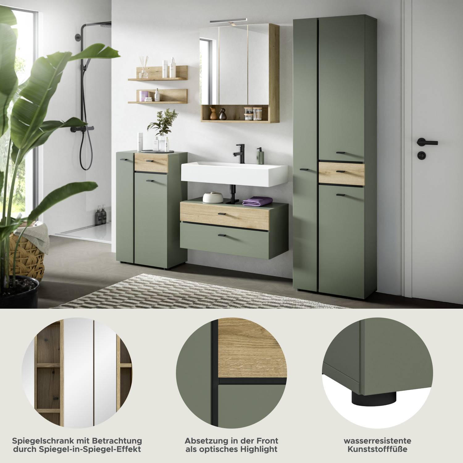 Spiegel-in-Spiegel-Effekt, Design-Akzente und wasserresistente Kunststofffüße des Badmöbel Sets – Jubby