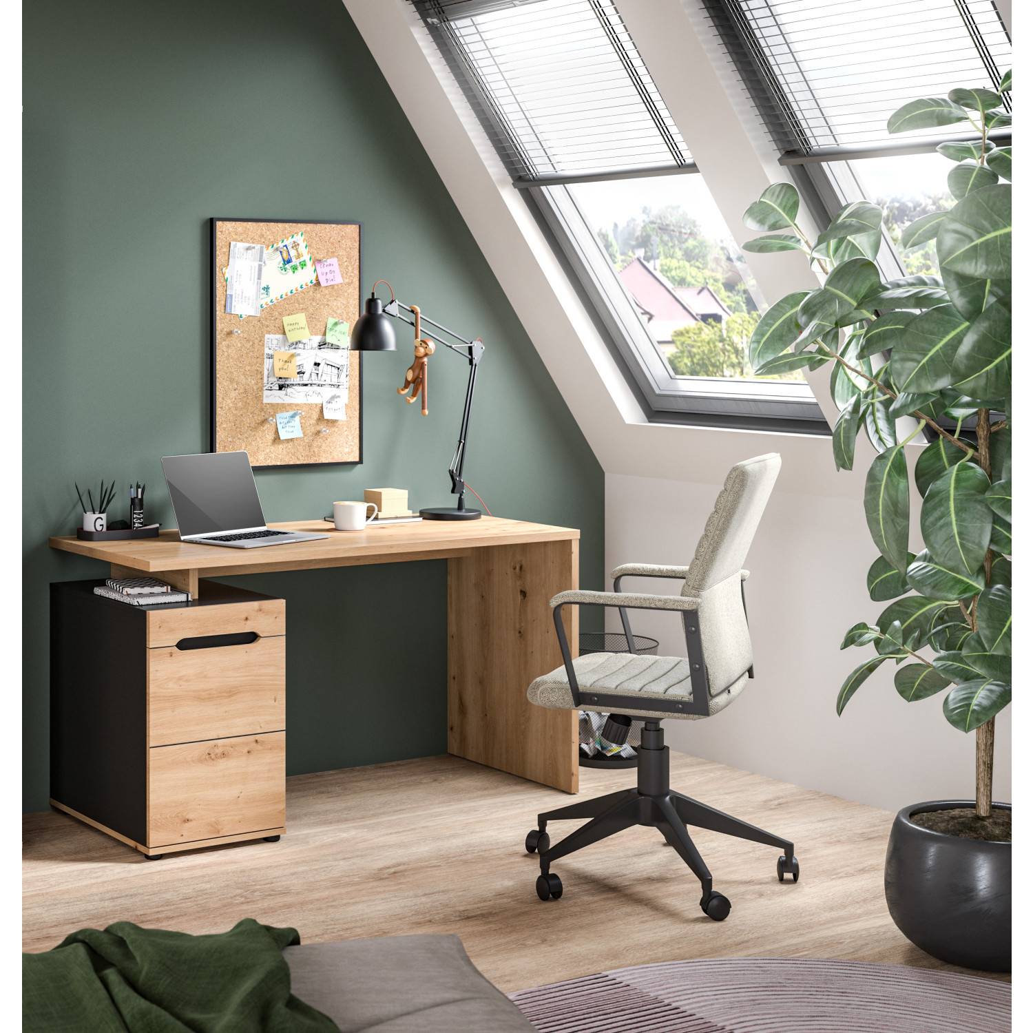 Moderner Schreibtisch in Eiche Artisan Dekor mit zwei Schubladen im Home-Office – Irysma
