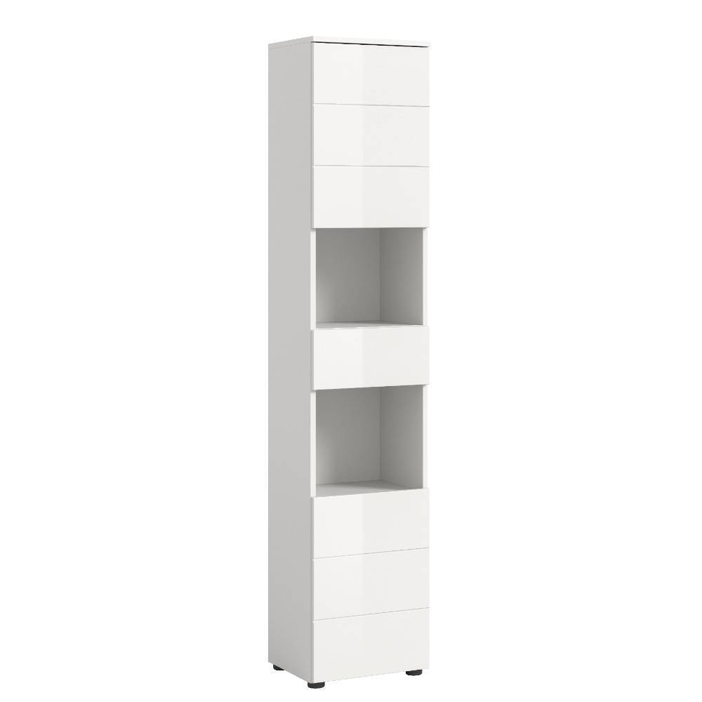Eleganter weißer Hochschrank für das Bad mit Stauraum und offenen Regalfächern – Vitablos