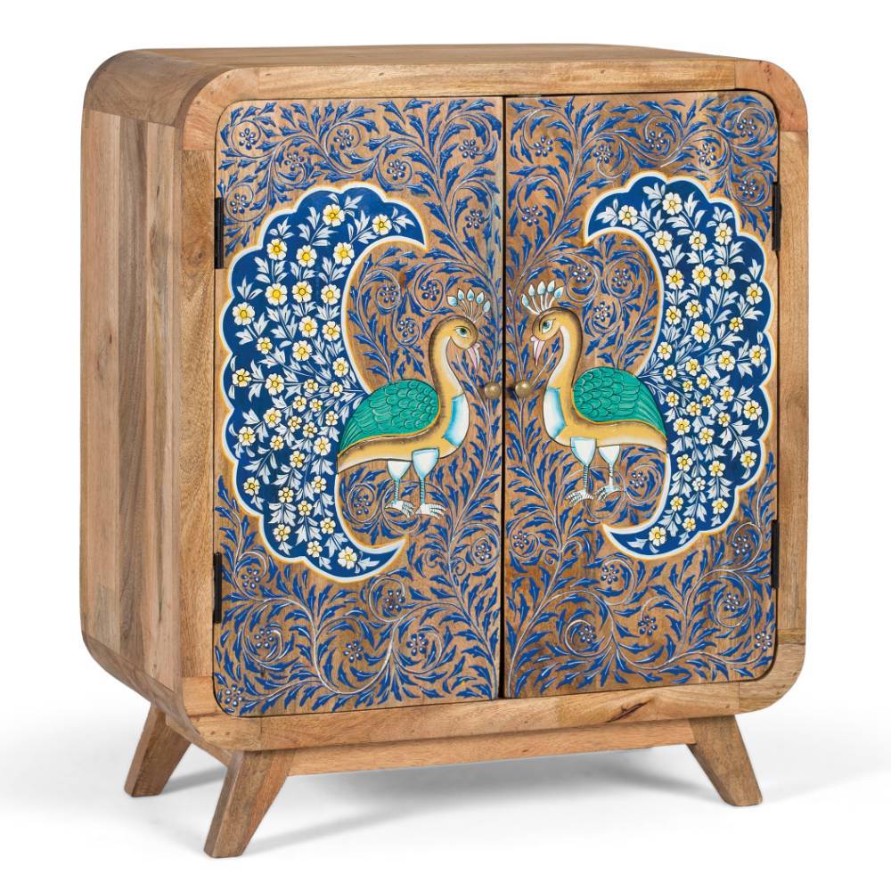 Boho Kommode mit Pfauen Motiv bemalt - Foglia