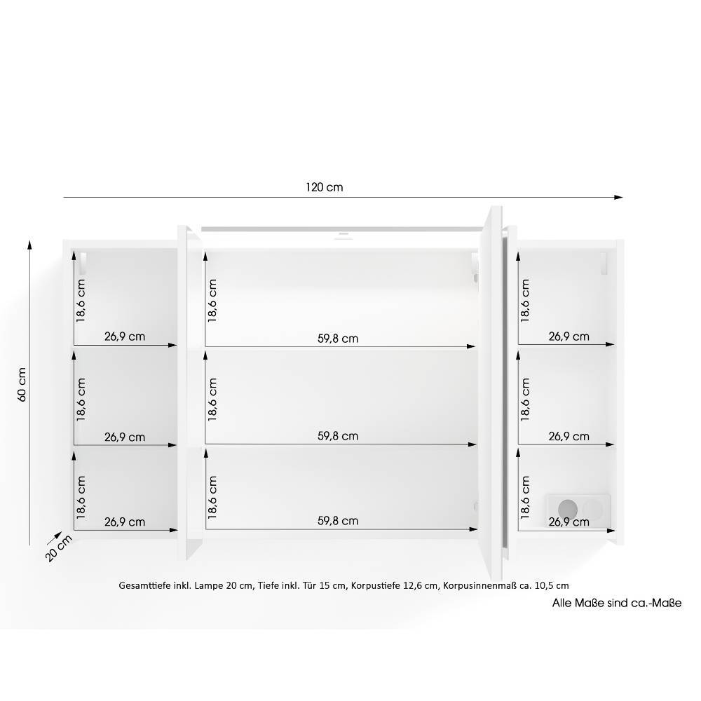 Spiegelschrank Maße und Abmessungen für Badezimmer mit 120 cm Breite und 60 cm Höhe – Asta