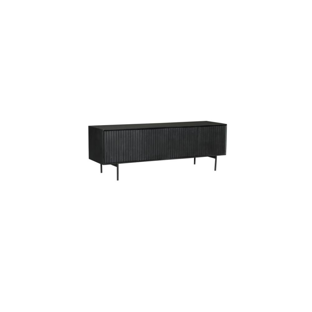Schwarzes TV Sideboard aus massivem Mangoholz mit geriffelter Front auf schwarzen Metallfüßen   – Jusitc