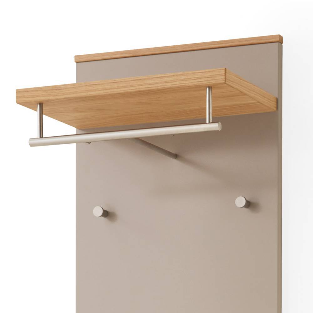 Obere Ablage der schmalen Wandgarderobe in Eiche Bianco und Taupe mit Kleiderstange – Barcelos