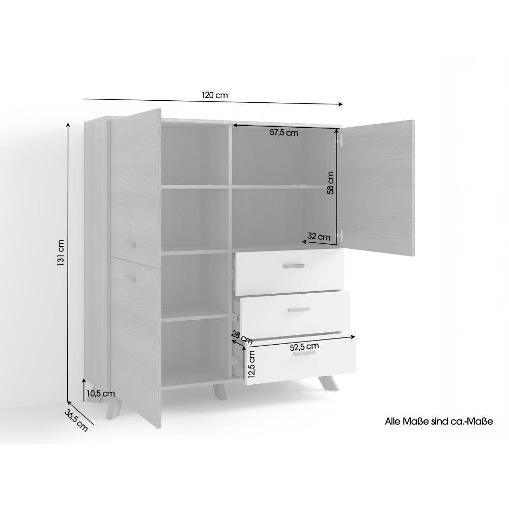 Kombi-Highboard im Skandi Design mit detaillierten Maßen und Abmessungen für die Planung – Demphis