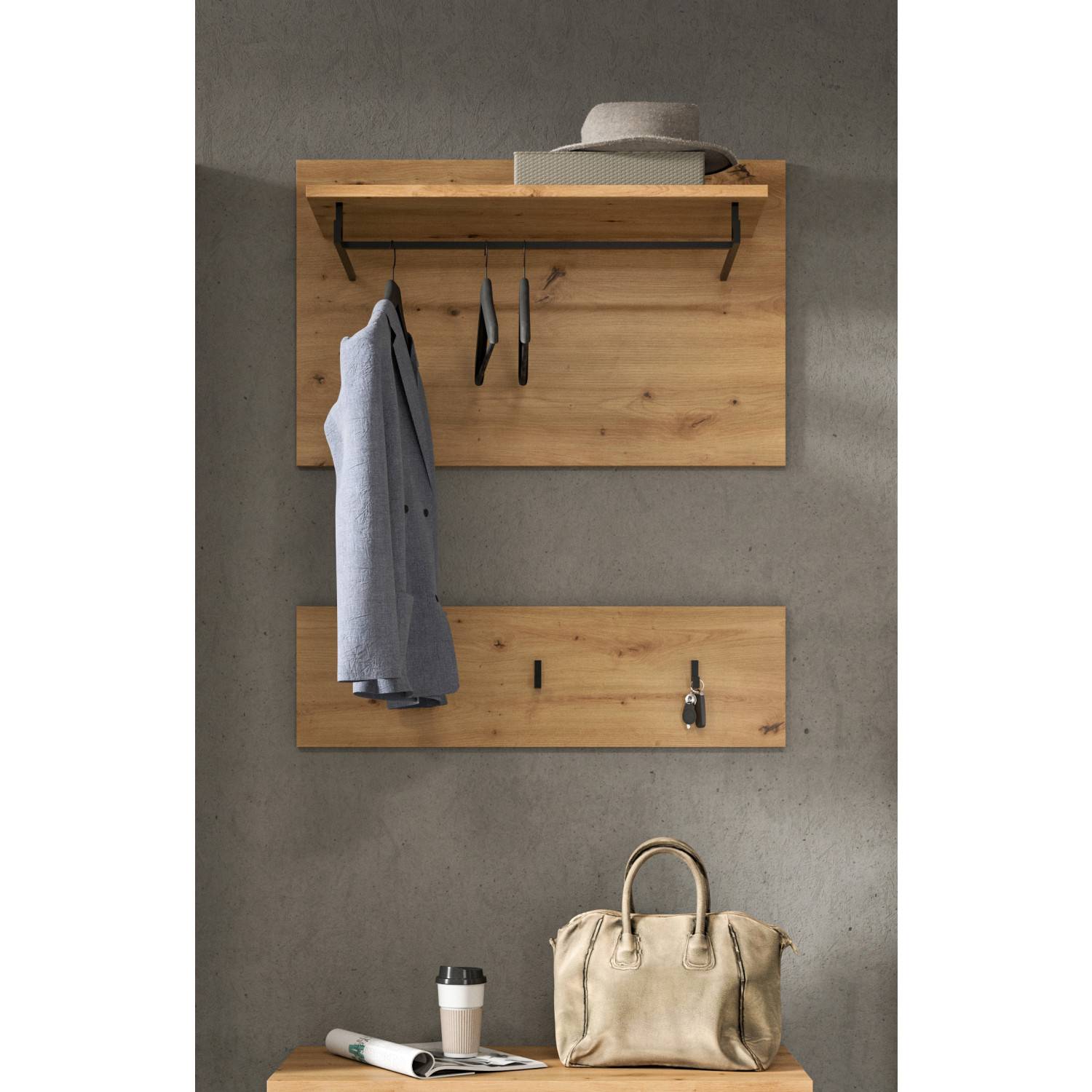 Kompakte Wandgarderobe mit Ablage, Kleiderstange und Haken in Holzoptik – Irysma