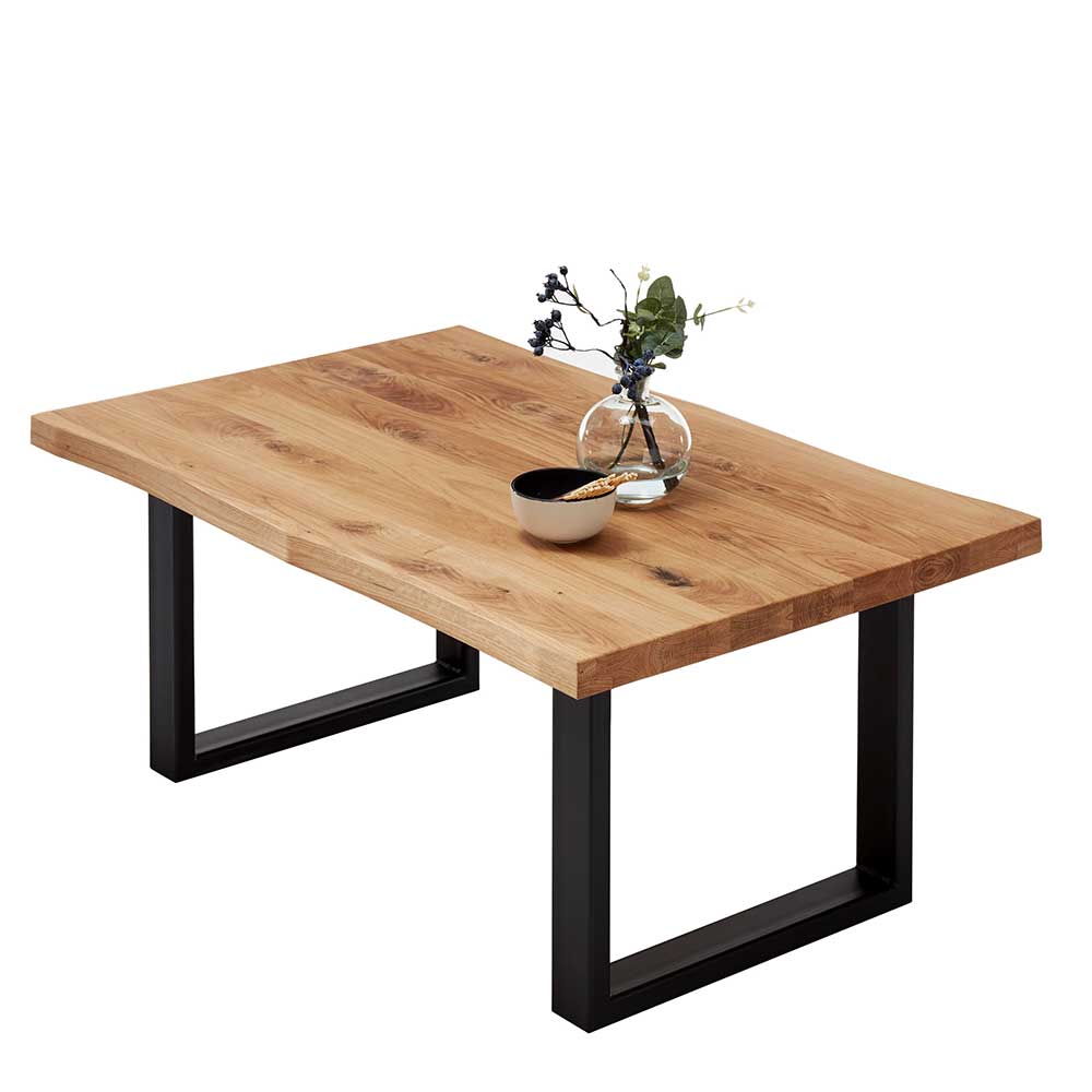Moderner Eichenholz Couchtisch mit natürlicher Baumkante und schwarzen Metallbeinen – Grionia