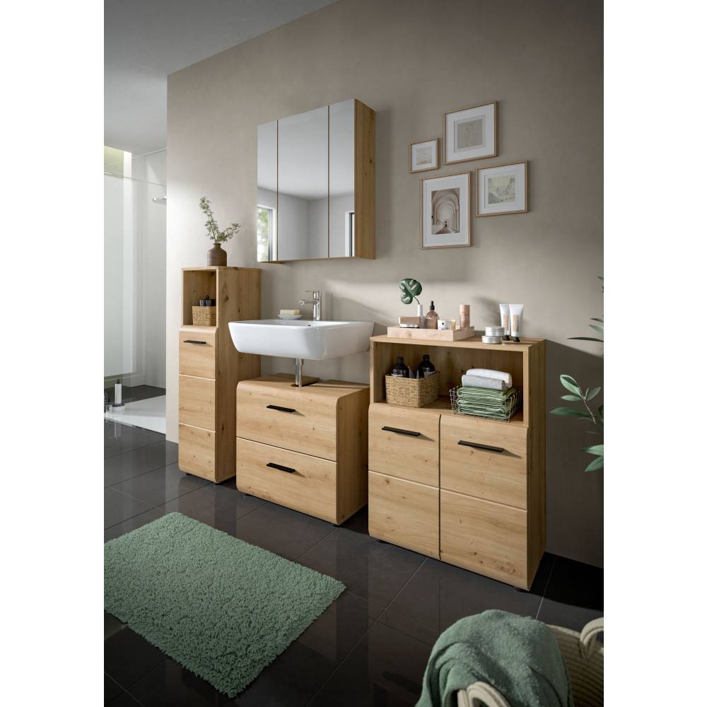 Komplettes modernes Badmöbel Set in heller Holzoptik mit Spiegel und Stauraum im Badezimmer – Canopus