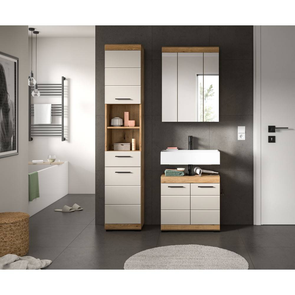 Dreiteiliges Badmöbelset Casserra mit Hochschrank, Waschbeckenunterschrank und Spiegelschrank in Holzoptik – Casserra