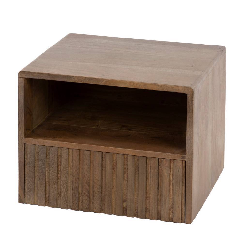 Nachttisch Akazienholz Braun mit strukturierter Schubladenfront und Ablage – Emila