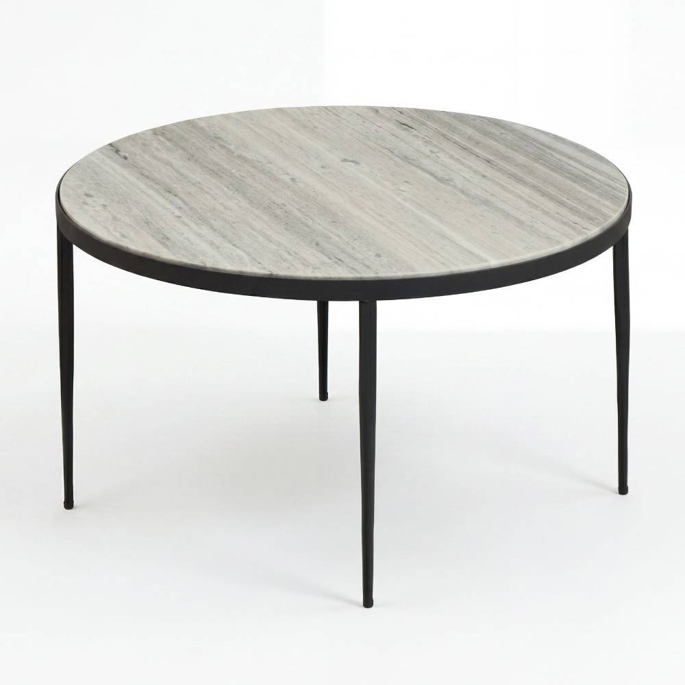 Eleganter runder Sofatisch mit heller Marmor-Tischplatte und schwarzem Metallrahmen – Cubana