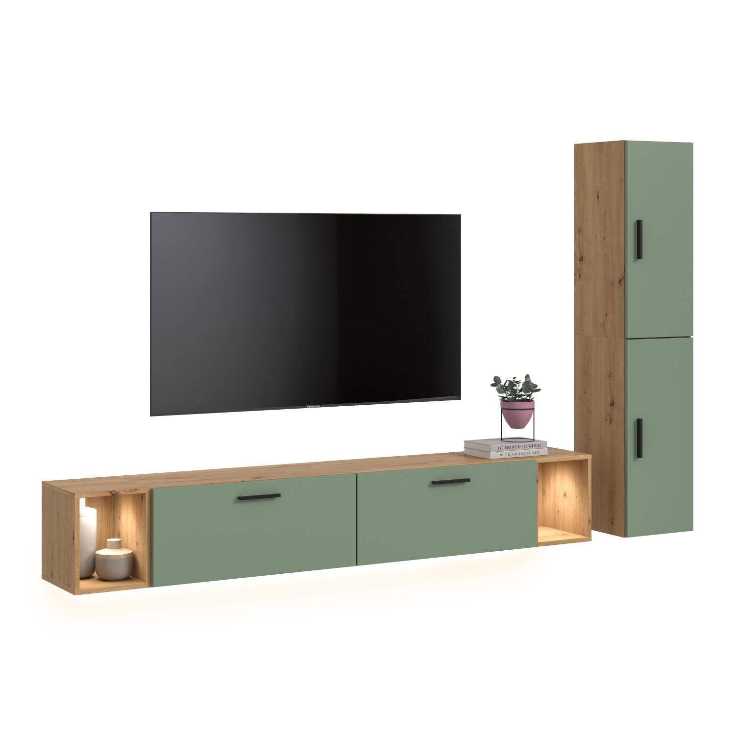 Medienwand zweiteilig mit hängendem Lowboard in Holzdekor und Grün, Hochschrank – Jonni