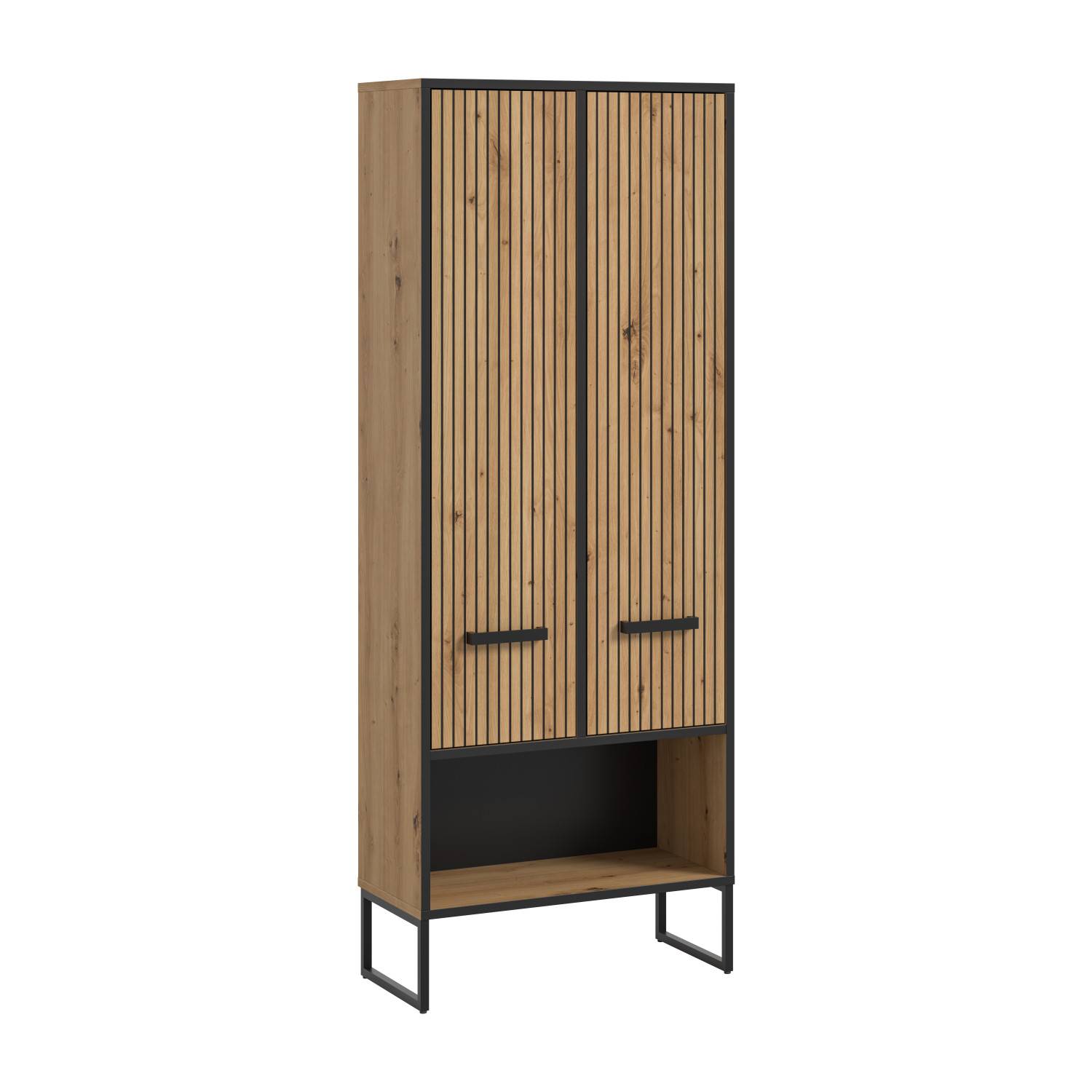 Wohnzimmerschrank mit zwei gerillten Holztüren, offenem Fach und schwarzem Metallgestell – Brutannia