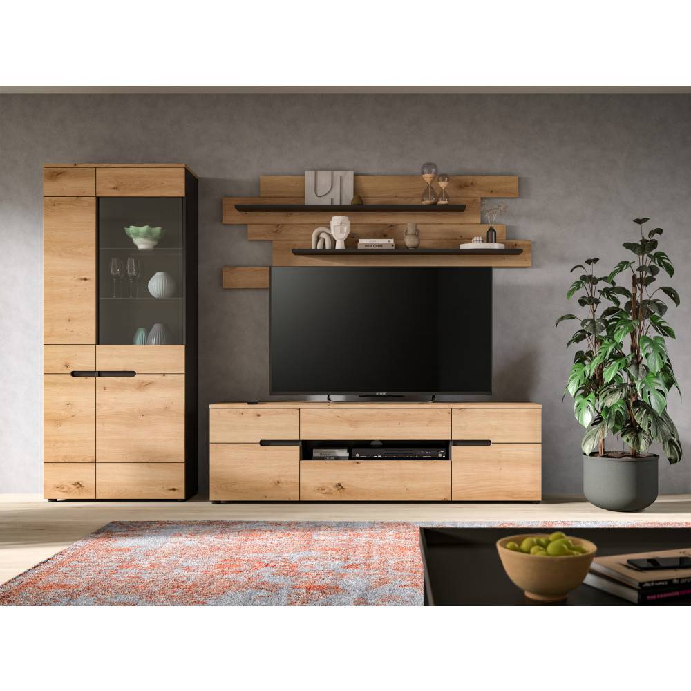 Moderne Anbauwand dreiteilig in Eiche Artisan Optik mit Vitrine und TV-Möbel – Irysma