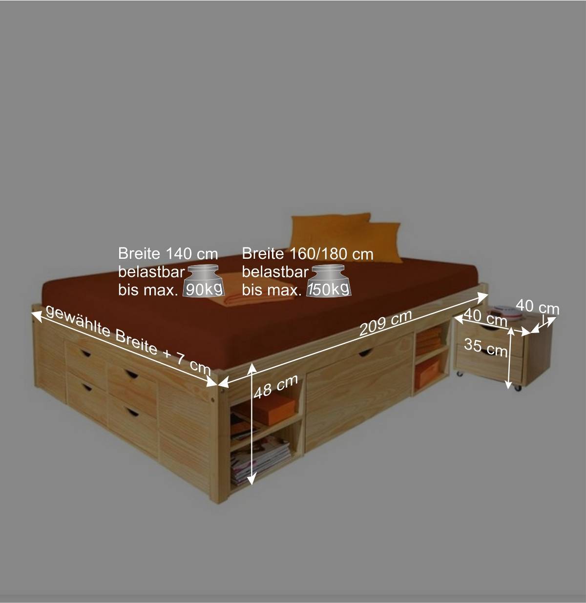 Schubladenbett Oladrios aus Kiefer massiv (dreiteilig)