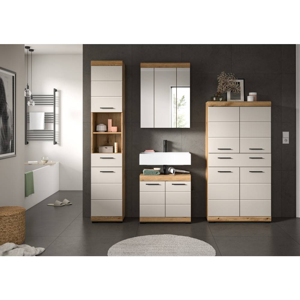Komplettes Badmöbel-Ensemble mit Spiegelschrank, Hochschrank und Waschbeckenunterschrank – Casserra