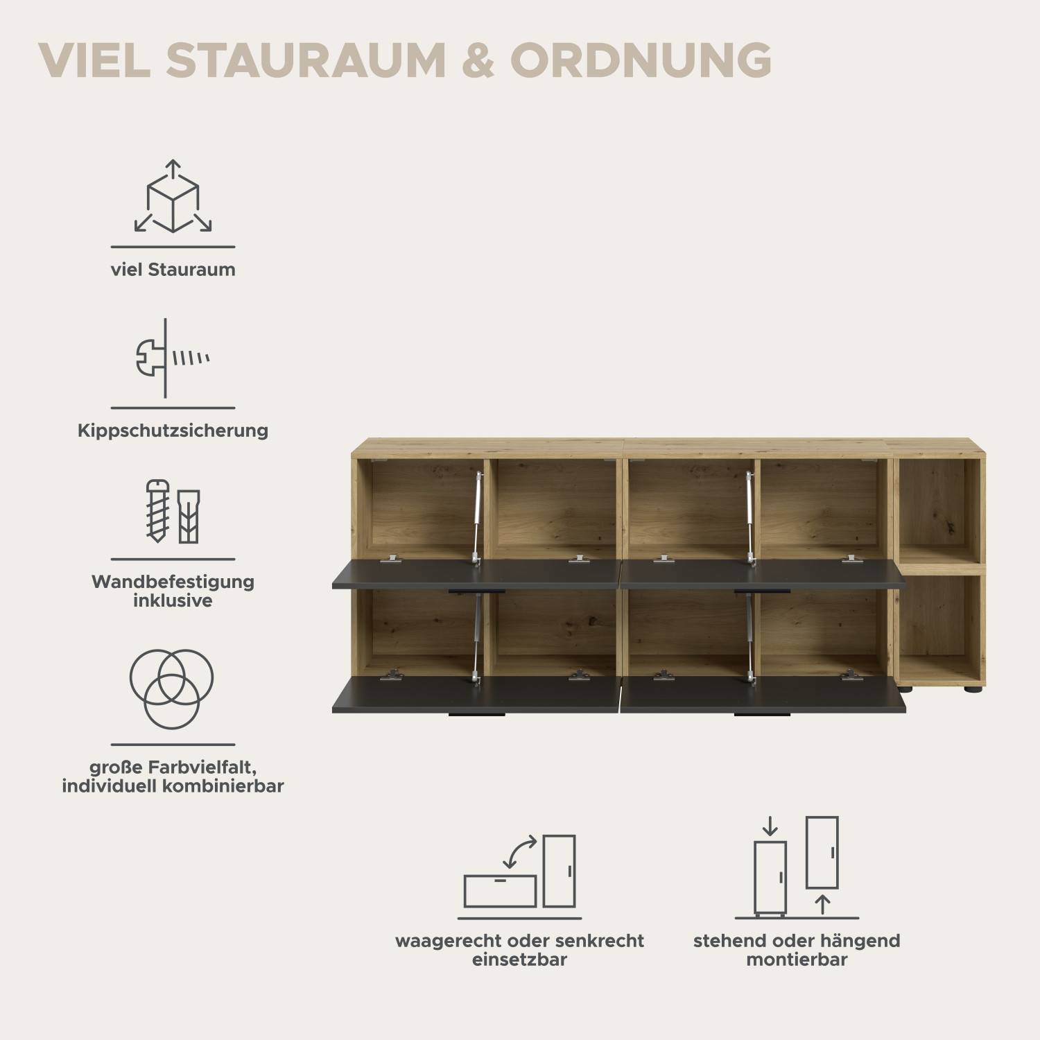 Modulares TV Regal mit viel Stauraum, flexibel in heller Holzoptik und dunkelgrau kombinierbar – Estoron