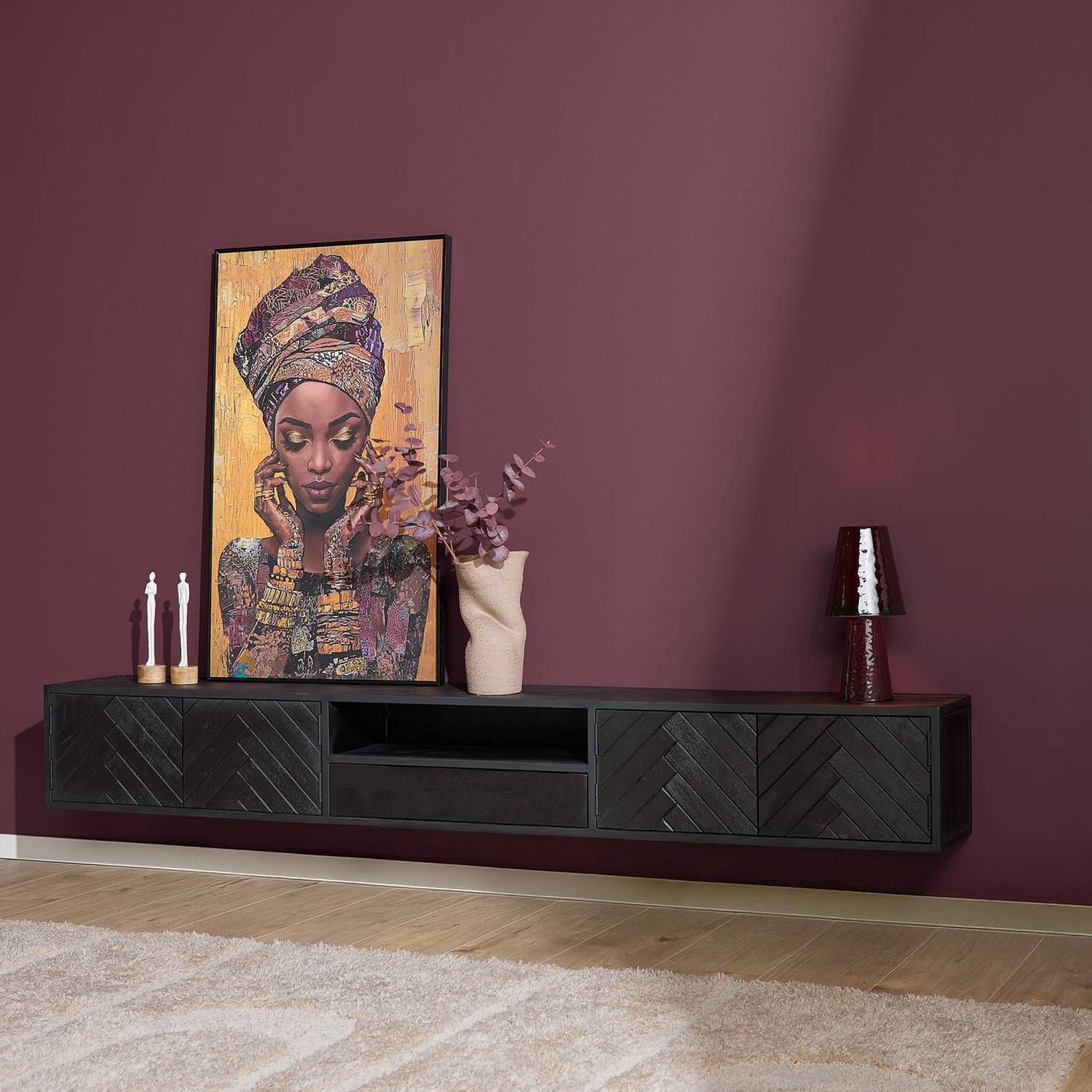Modernes schwarzes Lowboard mit Holz-Fischgrätmuster und mittiger Schublade für Heimkino – Lida