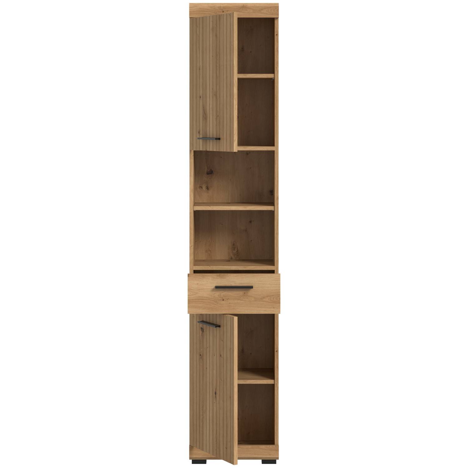 Schmaler Badezimmerschrank Artisan Dekor, oben und unten eine Tür offen, mittig offene Fächer und Schublade – Lasewood