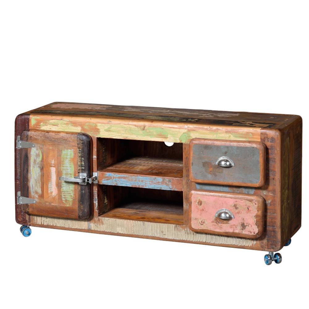 Massivholz Shabby Chic TV-Schrank mit Ablagefächern, Tür und Schubladen auf Rollen – Salvatoria