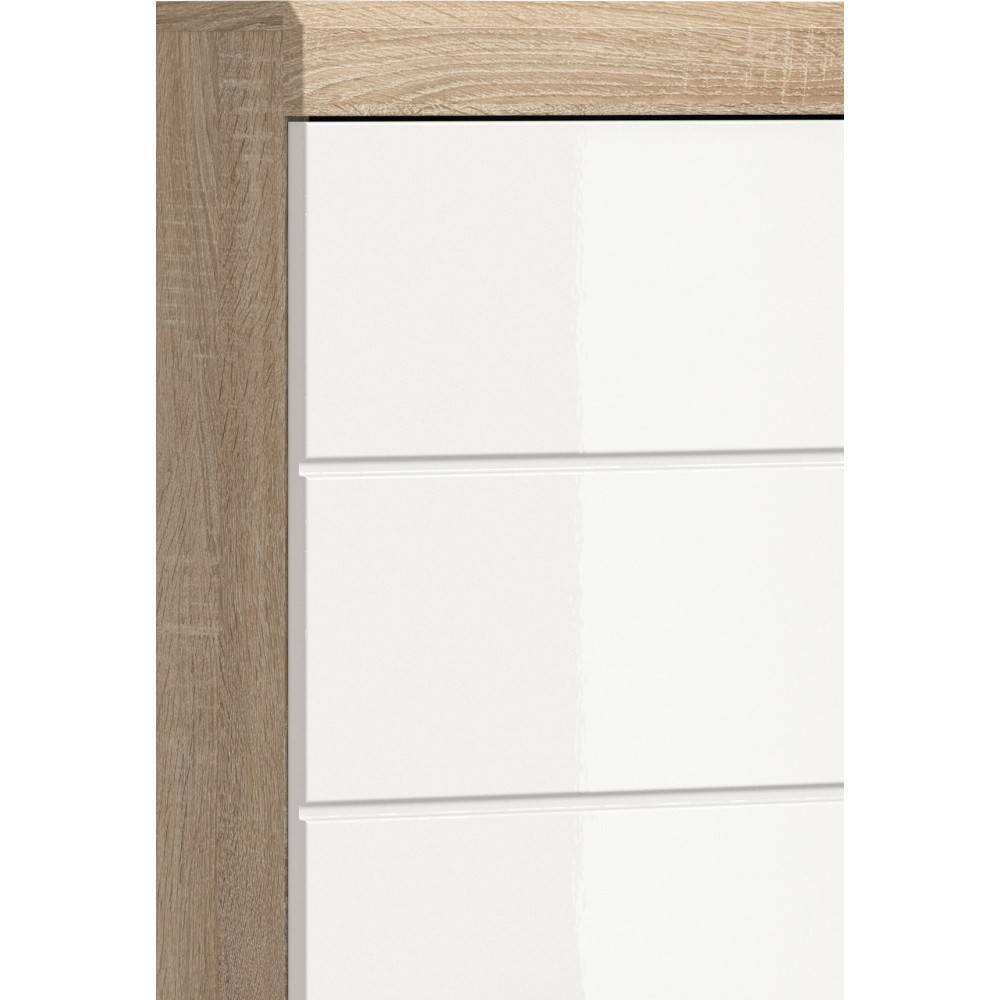 Hochglänzende weiße MDF-Front mit Rillenfräsung und Holzrahmen des Badmöbels Calbanyara – Calbanyara