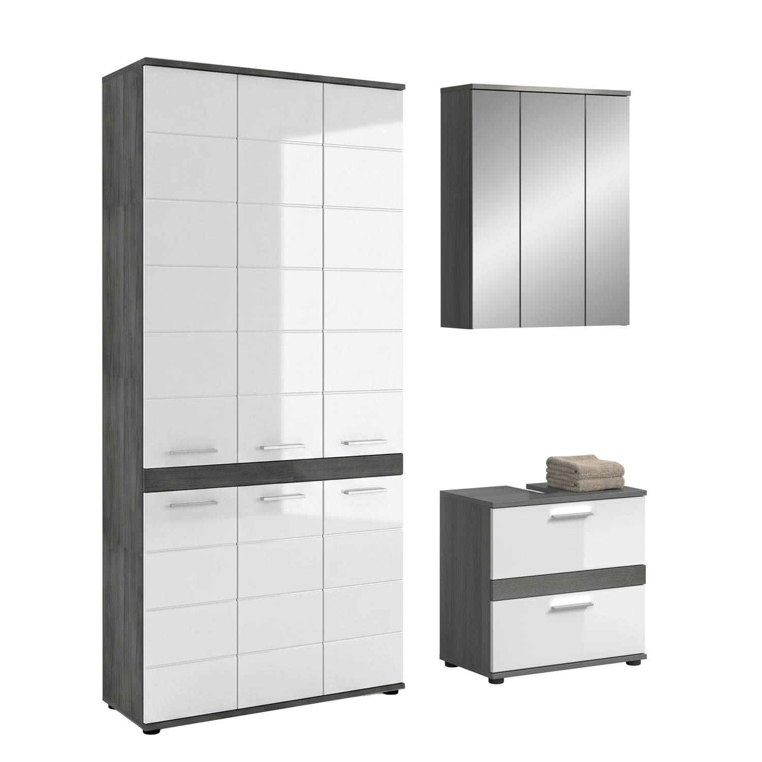 Dreiteiliges Badezimmerset mit Hochschrank, Spiegelschrank und Kommode in Rauchgrau und Weiß Hochglanz – Chapan