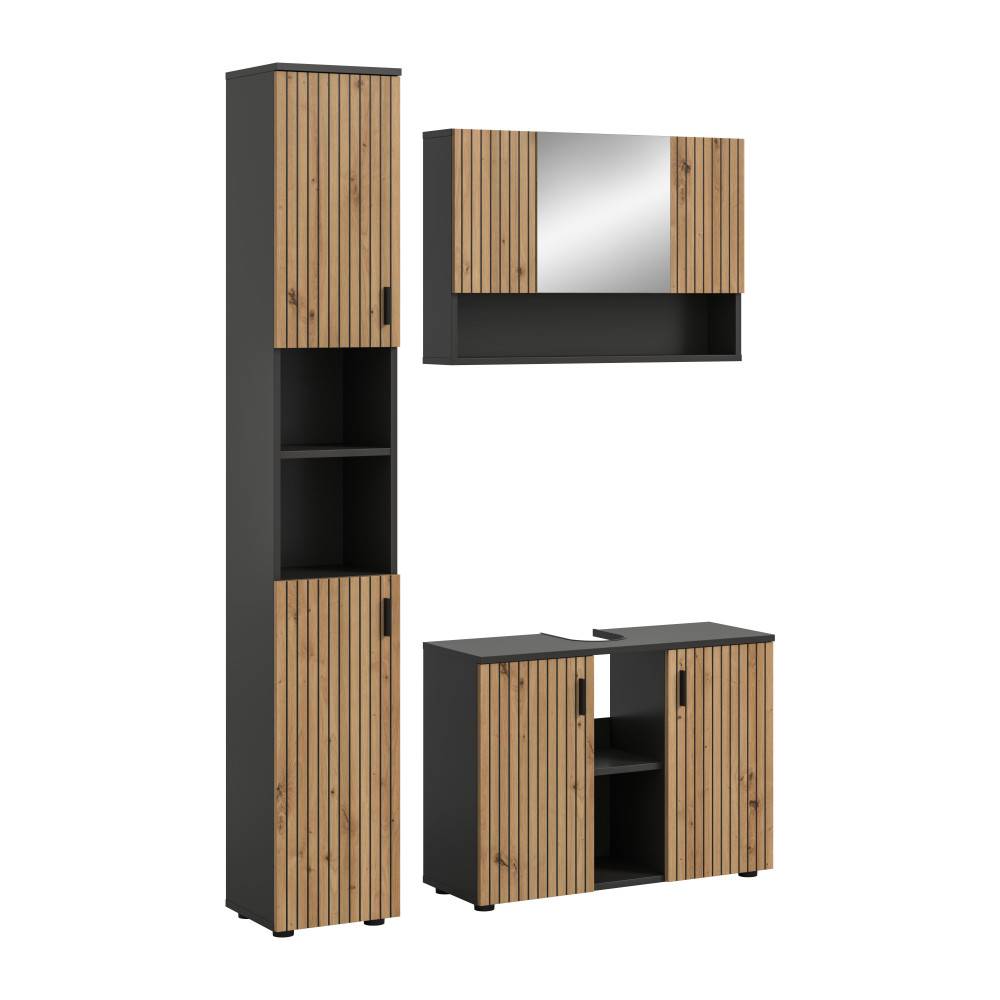 Dreiteiliges Badmöbelset in Basalt Eiche mit geschlossenem Hochschrank, Spiegelschrank und Unterschrank – Janny